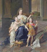 Francois de Troy Painting of the Duchess of La Ferte-Senneterre with the future Louis XV on her lap (then styled the Duke of Anjou) and the Duke of Brittany standing n oil on canvas